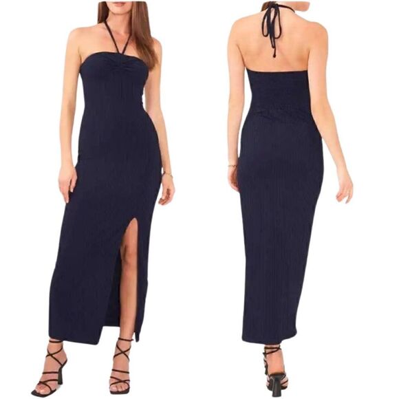 NWTs 1. STATE Navy Ruched Rib Knit Halter Maxi Dress Size S NWT - Picture 1 of 9